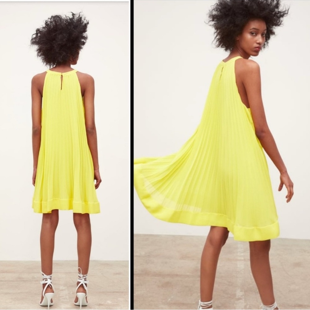 Zara Sleeveless High Neck Pleated Tent Dress Bright Yellow Size Small NEW NWT - Picture 2 of 8